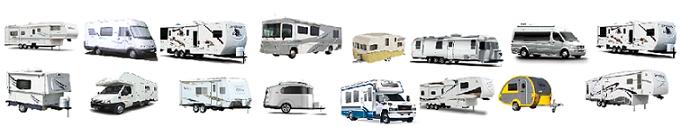 Collection of travel trailers, campers, fifth wheels and recreational vehicles